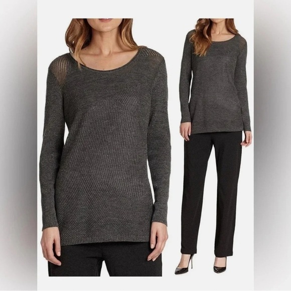 Eileen Fisher Scoop Neck Merino Wool Metallic Thread Geometric Sweater Long Line - Picture 11 of 11